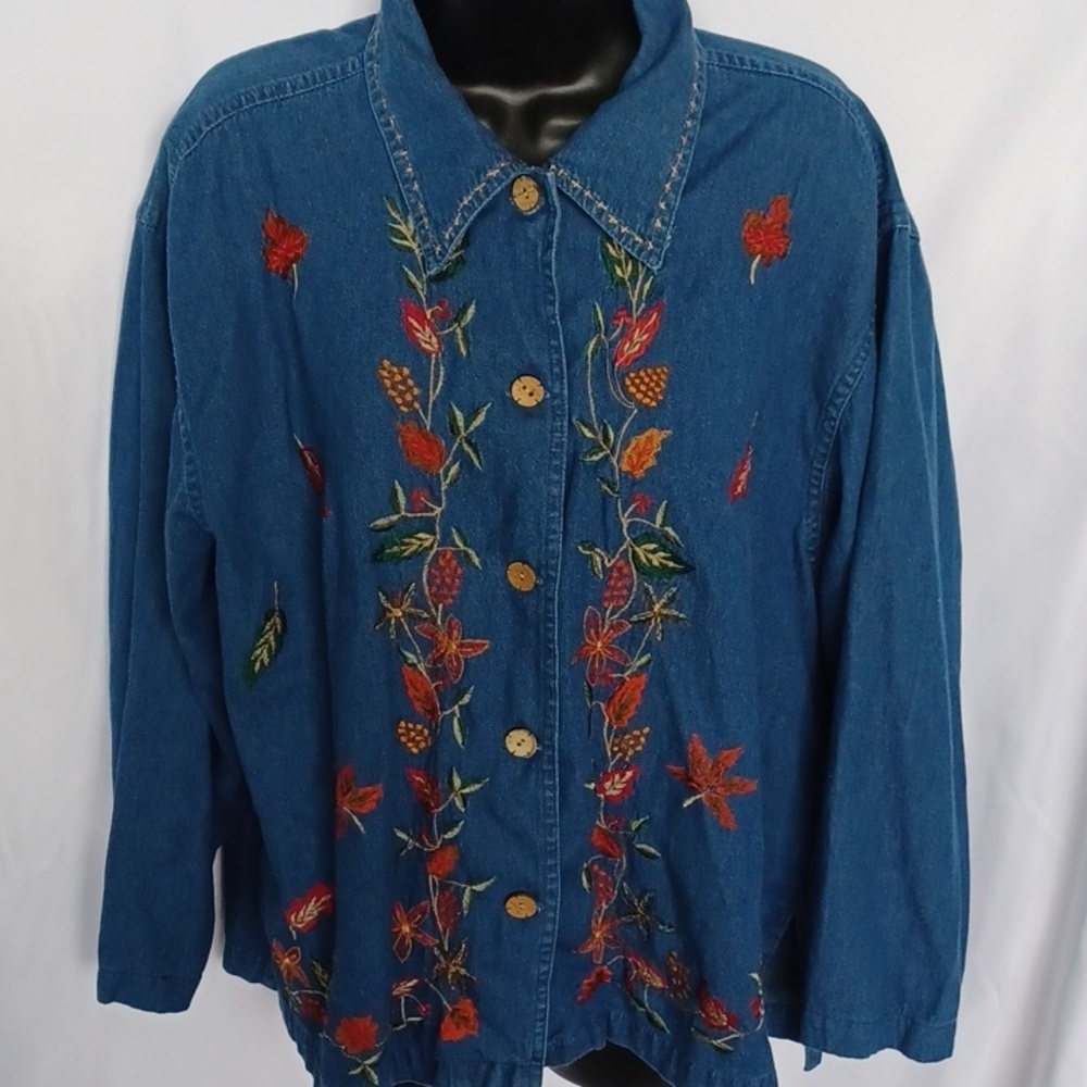New Directions Blue Jean Floral Embroidered Jacket, 1X, 23” PTP, 24” L